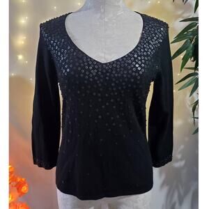 Pointelle Silk Blend Sequin Beaded 3/4 Sleeve Scoop V-Neck Top Women's Size S